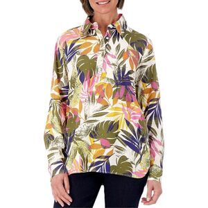 Denim & Co. Naturals Linen Blend Side Button Curved Hem Shirt Olive XL tropical